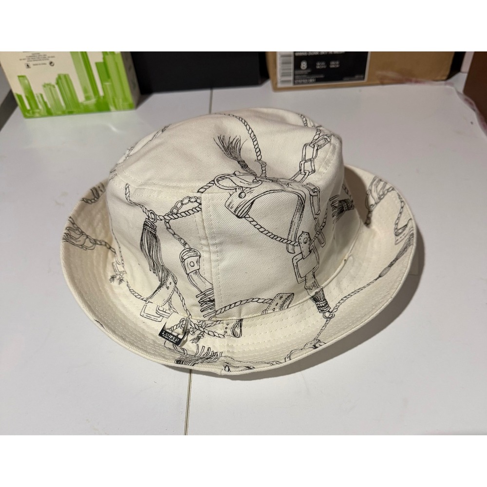 Lauren Ralph Lauren Cream Equestrian Rope Print Bucket Hat Sun Hat Logo Plaque
